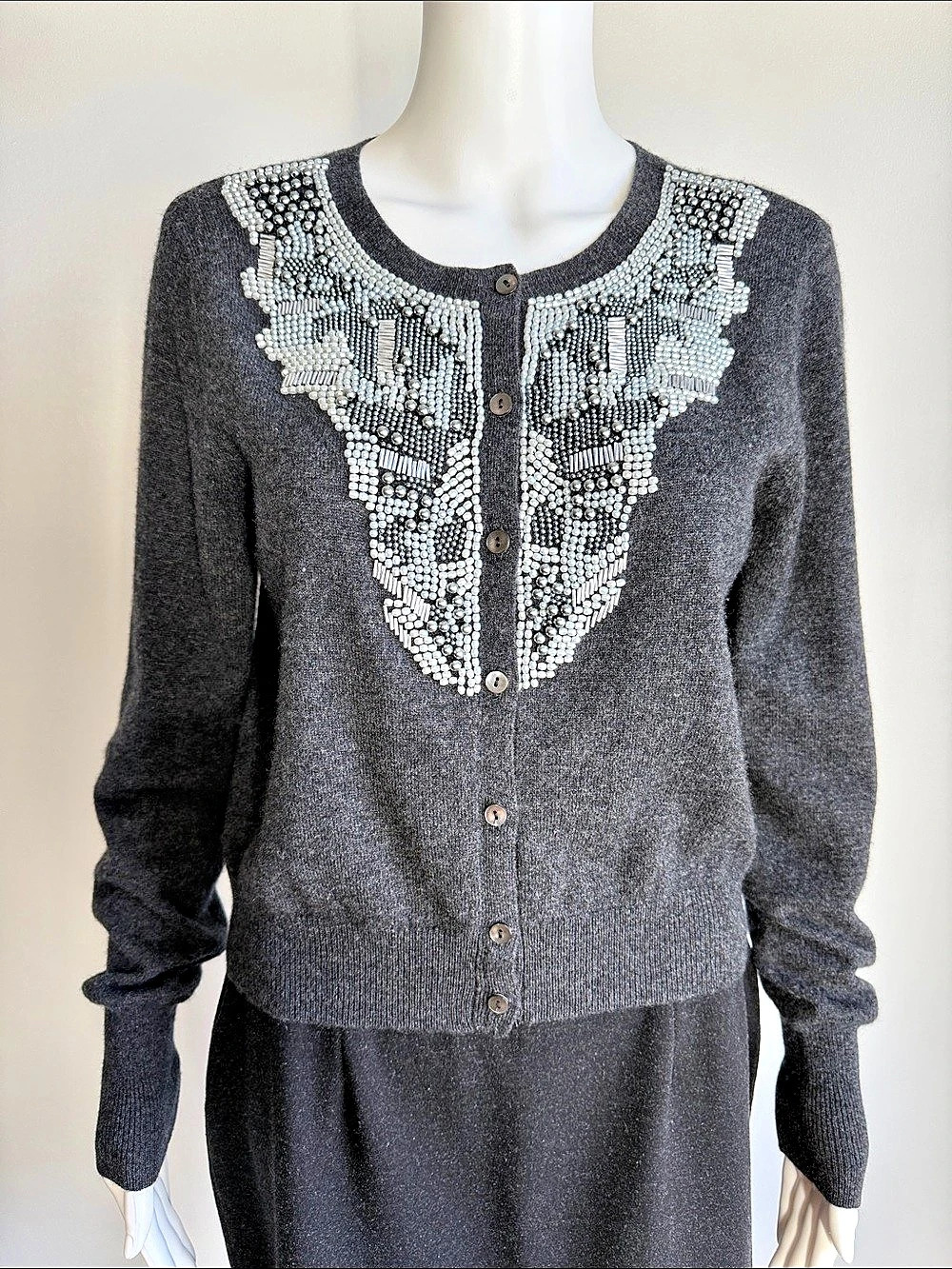 Magaschoni Gray 100% Cashmere Beaded Cardigan Size M